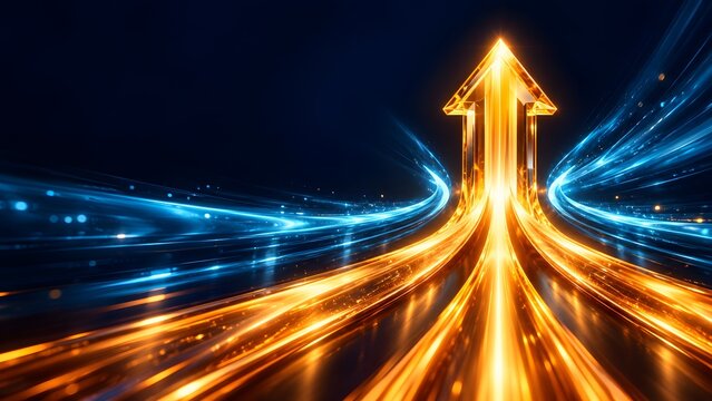 Glowing golden arrow shooting upwards surrounded by blue digital light streams depicting hyper growth and technological breakthrough