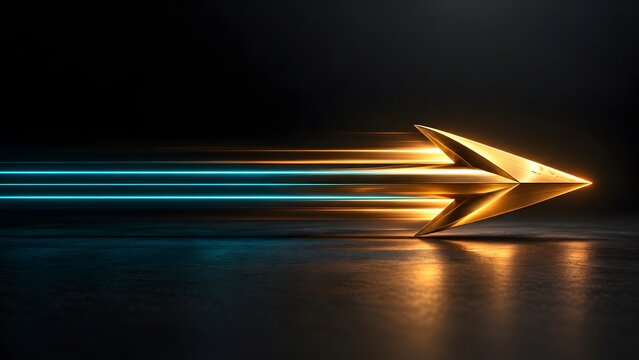 Fast moving golden arrow with glowing blue neon trails on dark background representing futuristic speed and technological progress