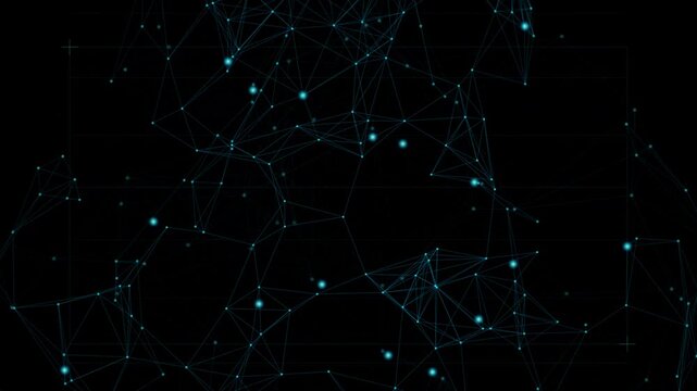 Abstract blue plexus network with glowing particles and connecting lines on a black background