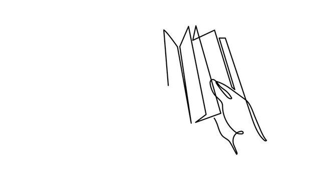 Hand turns open book pages with heart one line art animation, continuous line drawing reading romance story textbook library motion, knowledge study love book literature 4k self-drawing video