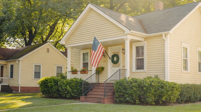 American suburban house with front yard and national flag