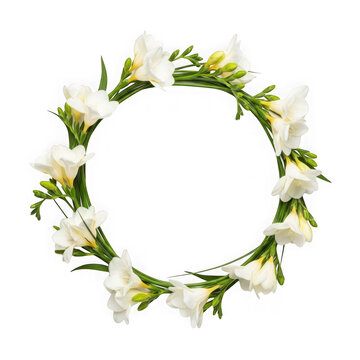 Beautiful white freesia floral wreath botanical circle frame transparent background