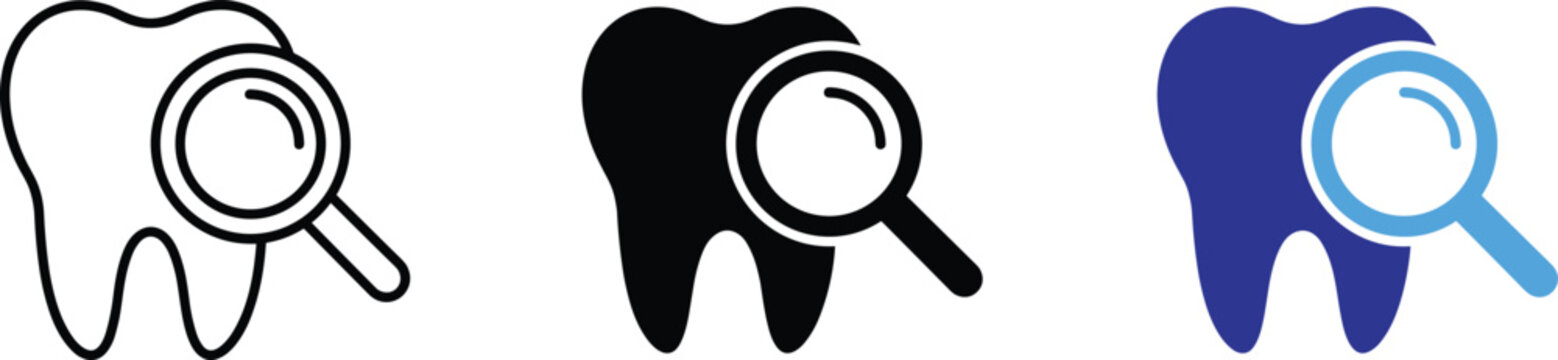 Tooth dental care magnifying glass icon set vector illustration for dentistry and oral health examination
