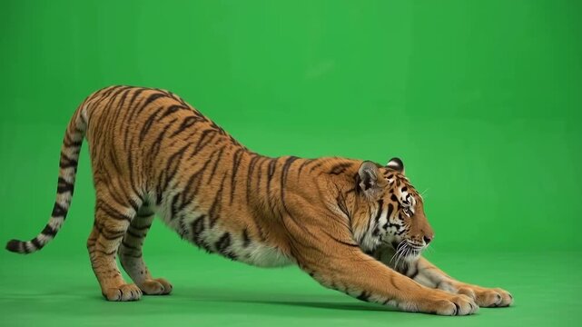 Realistic Bengal tiger performing a slow full-body stretch on a vivid green chroma key background, majestic adult tiger extending its front legs and lowering its shoulders naturally, detailed orange 