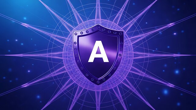 Cybersecurity shield with letter a and glowing digital network background