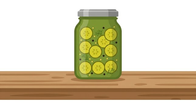 Jar of Pickled Sliced Cucumbers on Wooden Shelf Illustration