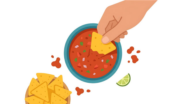 Hand dipping tortilla chip into fresh tomato salsa bowl illustration