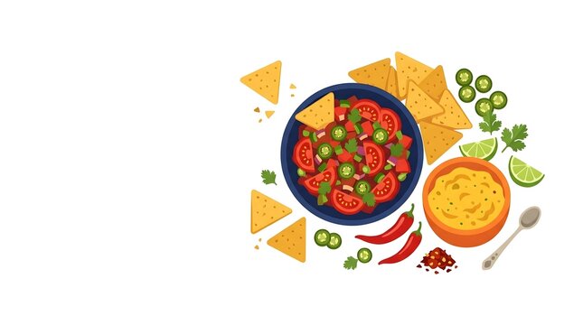 Mexican nachos with fresh salsa and dip illustration on white