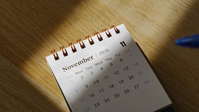 Tip of a blue pen just entering from the right edge toward a small desk calendar for November 2026, sunlit wooden desk with shadows at an angle, concept of getting started, first step and filling the