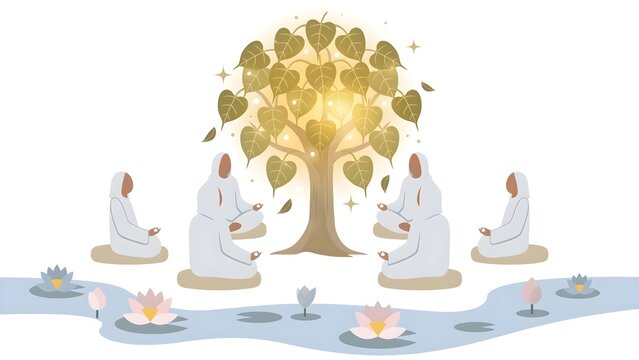 Peaceful Meditation Concept Group White Robes Meditating Glowing Bodhi Tree Lotus Flowers Floating Stream Algeria Alegria Design Style Studio Shot White Background