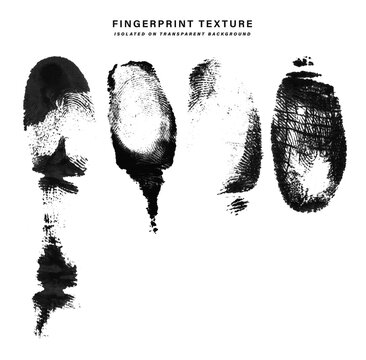 Fingerprint texture set with grunge ink details, biometric thumbprint identification marks, black ink forensic identity stamp elements