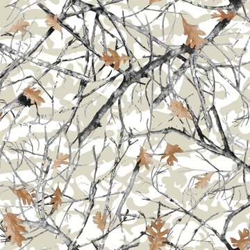 Beige and white winter camouflage seamless pattern, tree branches, twigs, and oak leaves vector background for hunting gear, cold-weather apparel, and textile fabric printing   