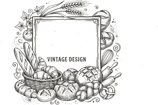Vintage bakery frame with fresh baked breads wheat ear and baking utensils engraved sketch vector illustration