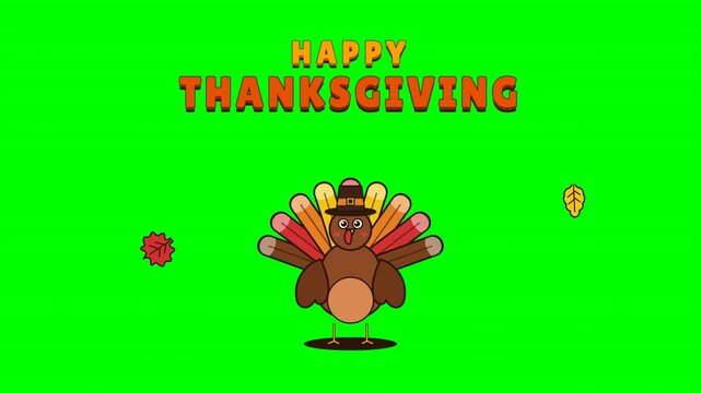 Vibrant green screen video featuring multiple cute cartoon turkeys and falling leaves with a bold Happy Thanksgiving greeting. Ideal for holiday video editing and festive social media posts.
