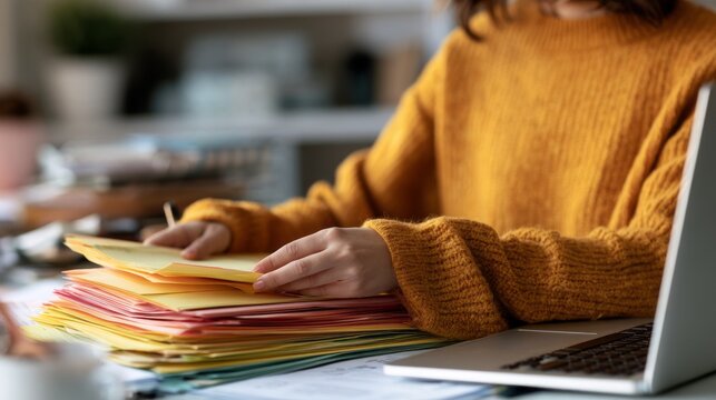 Woman in mustard sweater organizing colorful paperwork at desk while using laptop, productive home office workspace, busy work environment, remote work, office organization and business productivity c