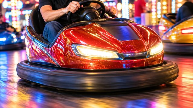 Red bumper car carrying a rider at an indoor amusement arcade. Dodgem car attraction at a funfair ride. Family entertainment and leisure activity. Carnival midway recreation.
