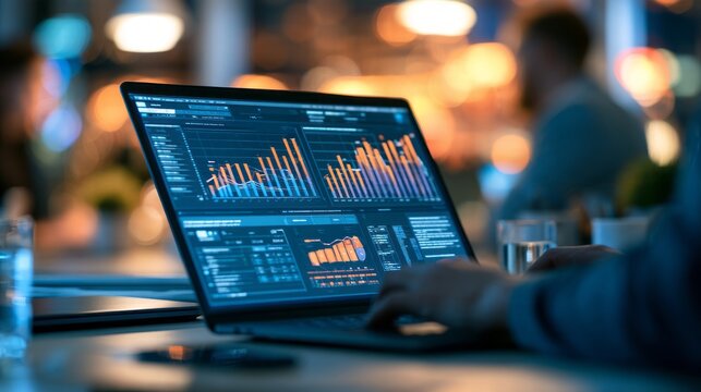 close up of laptop screen displaying business presentation charts, graphs and data visualization during an office meeting, blurred colleagues in the background, corporate analytics, financial reportin