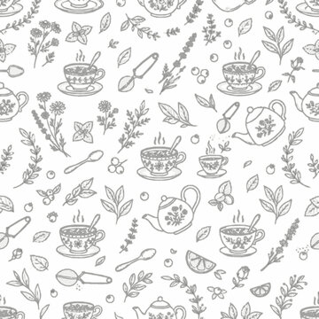 Teacup and herbal tea leaves seamless pattern vector
