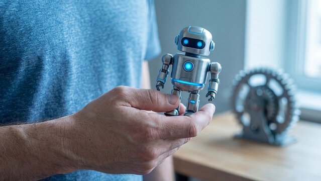 AI robot assistant and automation technology concept, man holding small silver humanoid robot with blue lights on hand beside metal gear for smart automated workforce