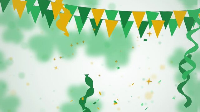 Green and gold bunting streamers and confetti falling on white