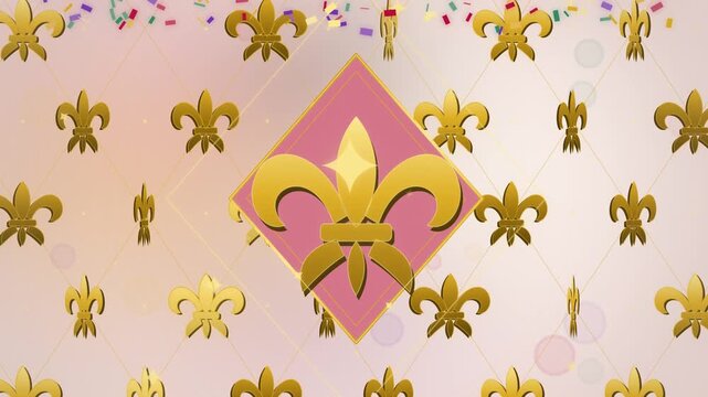 Gold fleur-de-lis damask pattern on cream with pink diamond