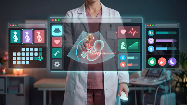 Obstetrician with ultrasound transducer touching glowing prenatal care hologram with fetus scan, heartbeat and trimester calendar. Concept of pregnancy management, OB-GYN and fetal development.