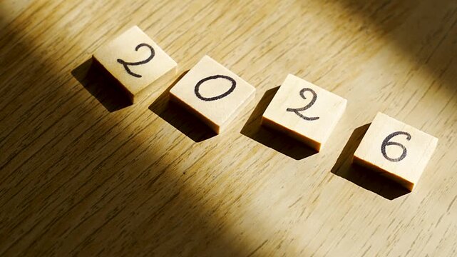 Four wooden tiles spelling 2026 set apart in a diagonal row on an oak table, strong sunlight and long shadows between the separated blocks, concept of yearly milestones, quarters and step by step pro