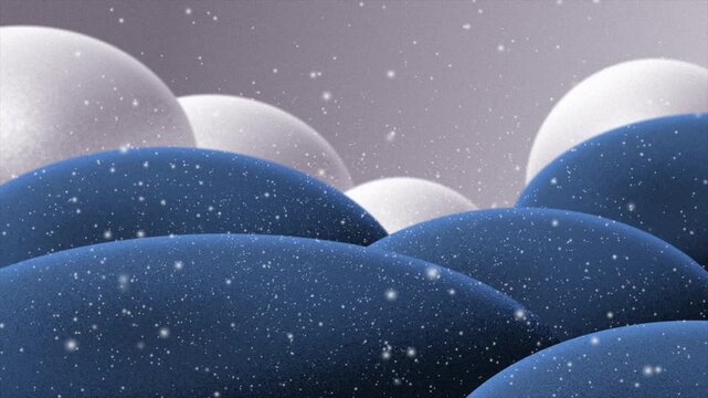 Abstract winter-inspired background featuring smooth overlapping blue and white rounded forms covered with delicate falling snow