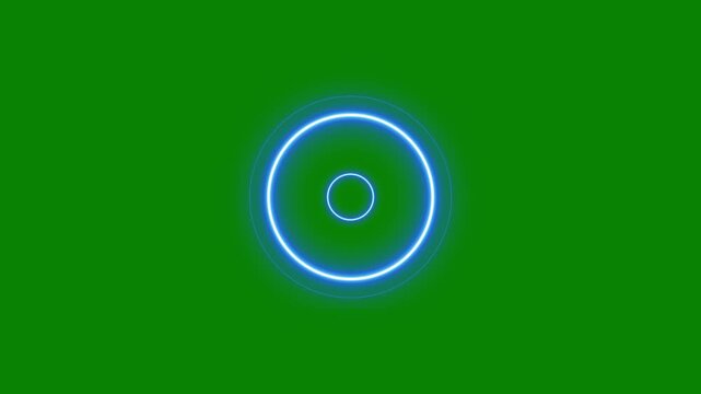 Glowing blue neon circles pulsing and flashing on a green background animation loop