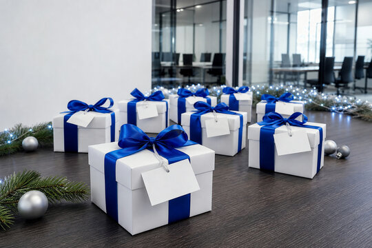 Corporate Christmas gifts prepared for employees and clients as festive year end appreciation in a modern office