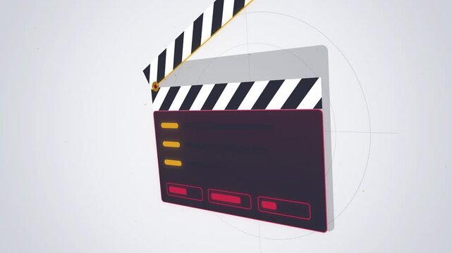 Angled 3D clapperboard with striped stick on white seamless loop
