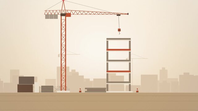 Orange tower crane lifting a steel frame on sand seamless loop