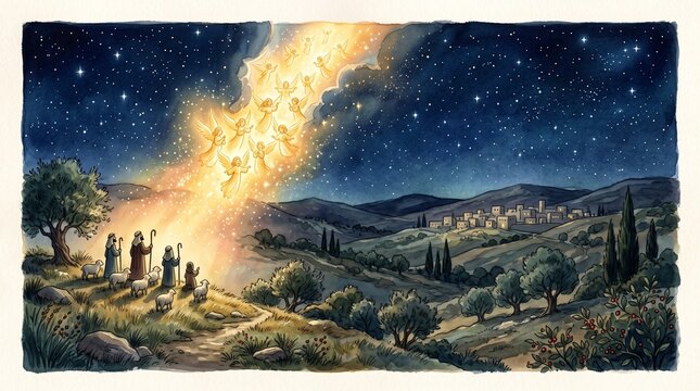 Annunciation to the Shepherds from the New Testament reveals a radiant celestial stream of angels appearing to shepherds on a hillside above Bethlehem.