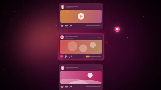 Pink and orange social feed with a viral post and reactions bursting