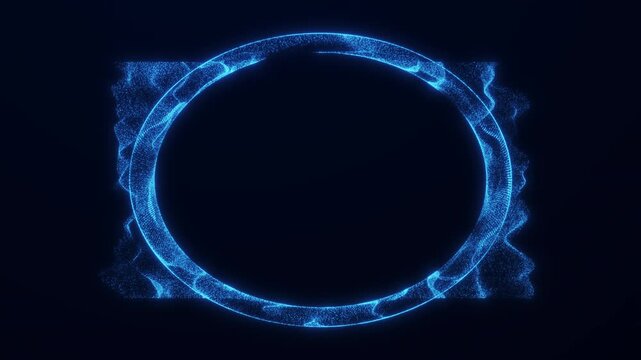 Electric blue particles form a bright ring with rippled mesh edges on dark navy, framing central copy space for logos and futuristic titles. Seamless loop.