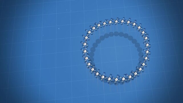 Top view of drone swarm reshaping formation on blue grid