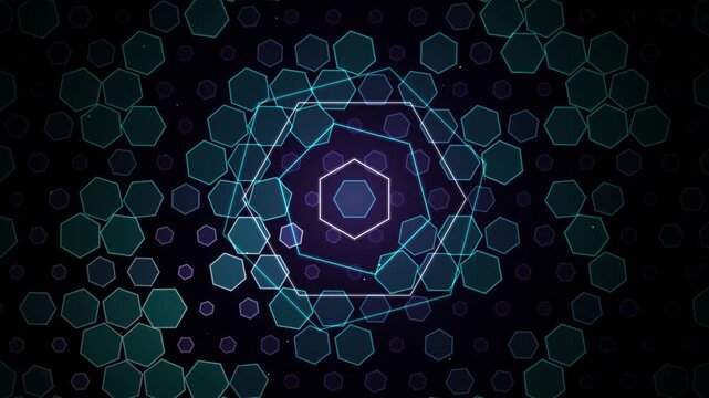 Concentric neon hexagons rotating slowly against a dark geometric grid pattern background loop video