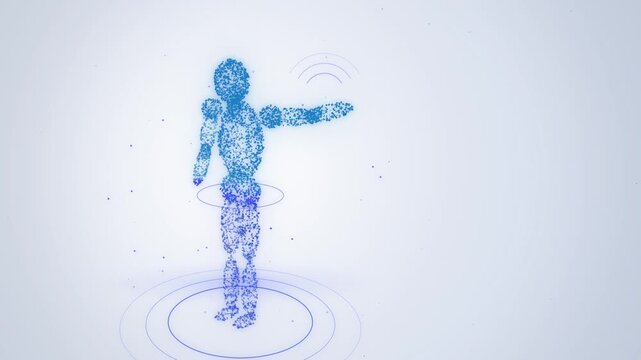 Blue particle avatar waving hello in the metaverse on white