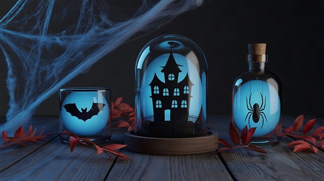Halloween decorations with pumpkins bats and spooky glass lanterns