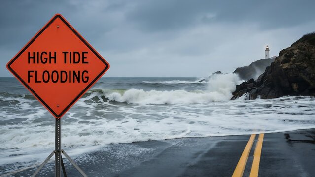 High tide flooding warning sign beside coastal road during rough ocean conditions