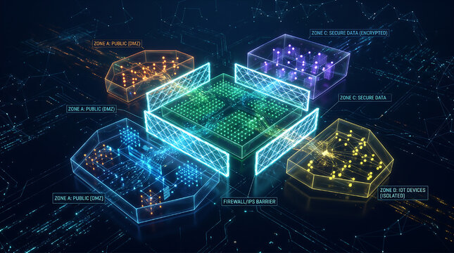 Glowing 3D holographic network segmentation diagram with firewall IPS barriers and isolated security zones
