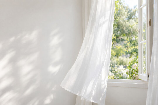 Open window with sheer curtains in morning light