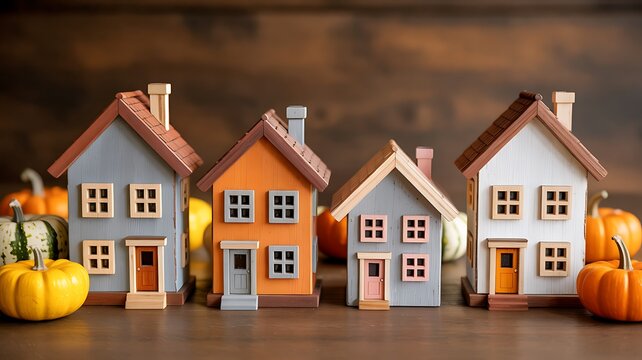 Colorful miniature houses with pumpkins and autumn decorations