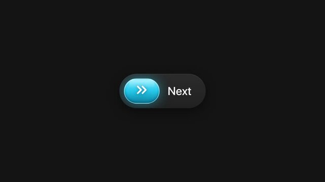 Animated next button with glowing blue icon user interface motion graphic on black background