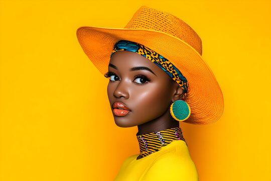 African Woman in Yellow Hat and Patterned Headscarf