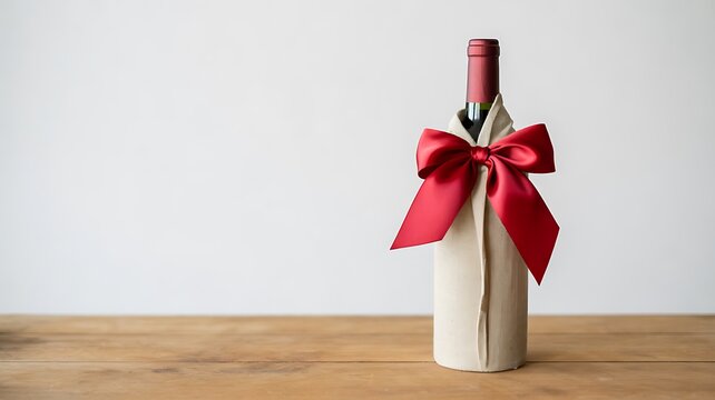 Christmas wine bottle decorated with red ribbon on wooden table