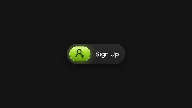 Animated sign up button with glowing green user icon UI motion graphic on black background