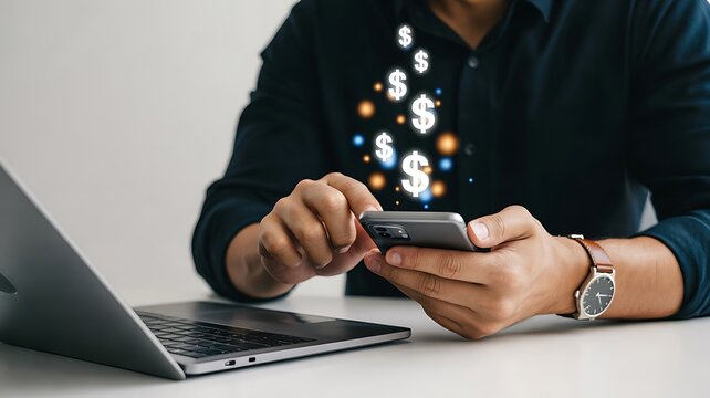 Digital finance concept with businessman using smartphone and floating currency symbols