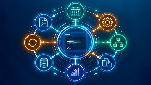 Modern Software Development Lifecycle Concept with Glowing Programming Terminal and Circular Business Management Icons