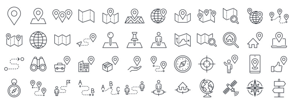 Location and Navigation line icon set. Map pin, local route, compass, journey, proximity, globe symbols linear minimal vector illustration. Simple outline signs. Editable Stroke.